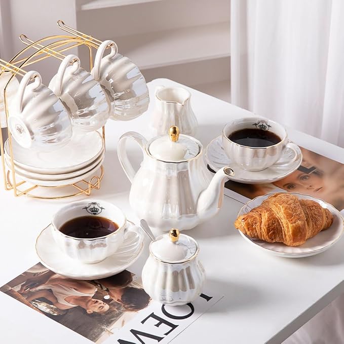 Porcelain Tea Sets British Royal Series, 8 OZ Cups& Saucer Service for 6, with Teapot Sugar Bowl Cream Pitcher Teaspoons and tea strainer for Tea/Coffee (Coral White)