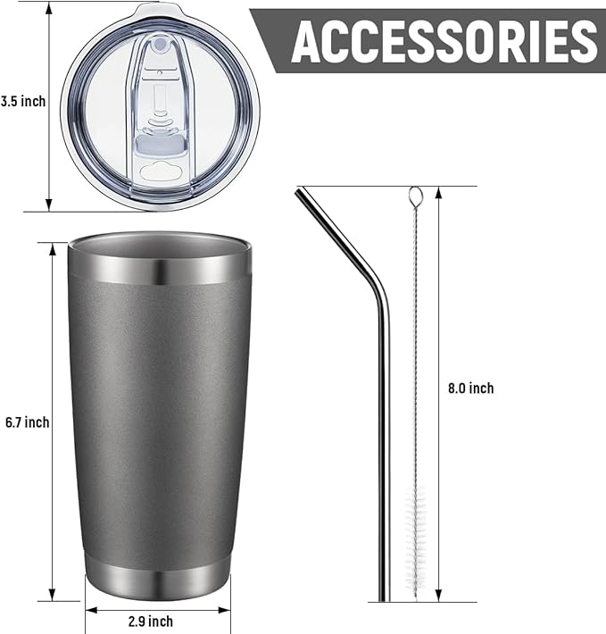 COMOOO 20oz Double Wall Vacuum Insulated Travel Mug, Stainless Steel Tumbler with Lid and Straw Durable Powder Coated Insulated Coffee Cup for Cold & Hot Drinks (Grey. 2 pack