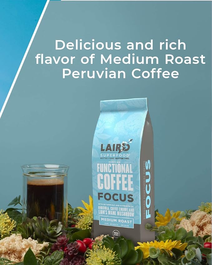 Laird Superfood Focus Coffee, Medium Roast Ground Coffee Infused with Functional Mushrooms and Botanical Adaptogens, 12 oz. Bag (Pack of 2)