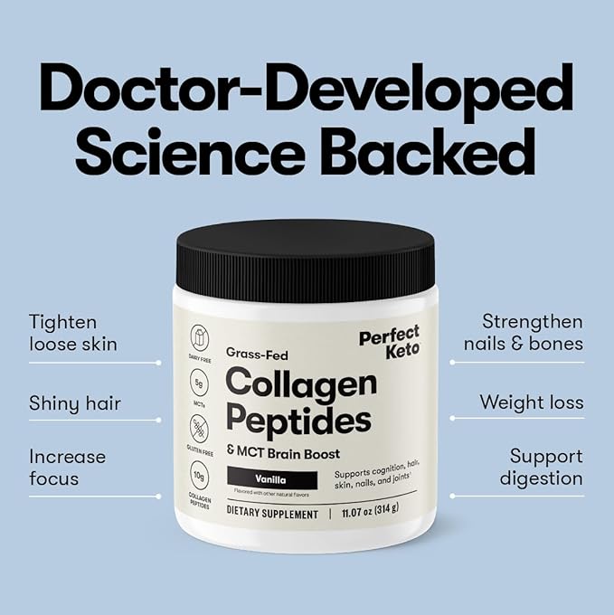 Perfect Keto Collagen Peptides Protein Powder with MCT Oil, Hydrolyzed Collagen, Type I & III Supplement, Gluten Free, Grass Fed, Low Carb, Keto Coffee Creamer, Collagen for Women & Men, Unflavored