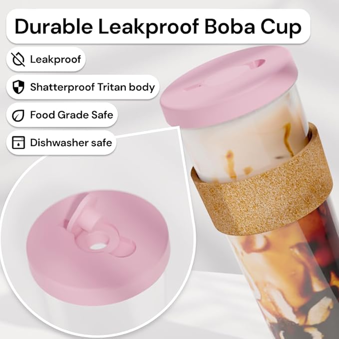 Dodoko Reusable Boba Cup with Straw - Iced Coffee & Smoothie Tumbler 24 oz - Bubble Pink