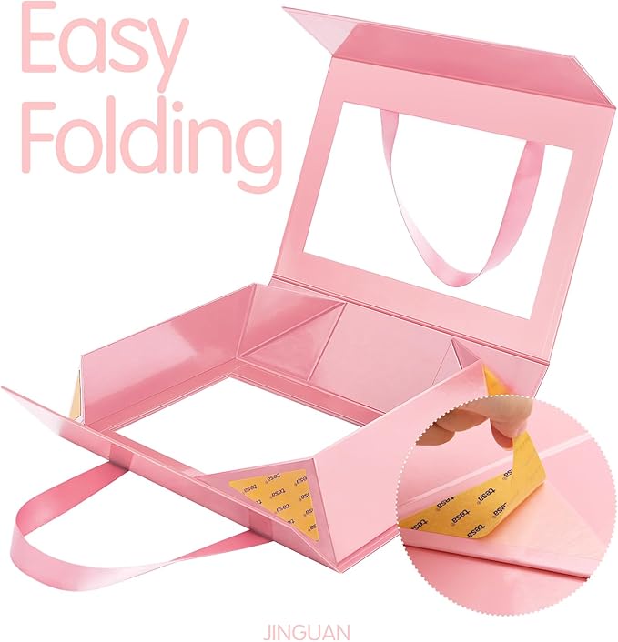 Pink Gift Box with Window, Clear Magnetic Gift Box with Handle for Present, Bridesmaid Proposal Box (10.5x7.5x3 Inches