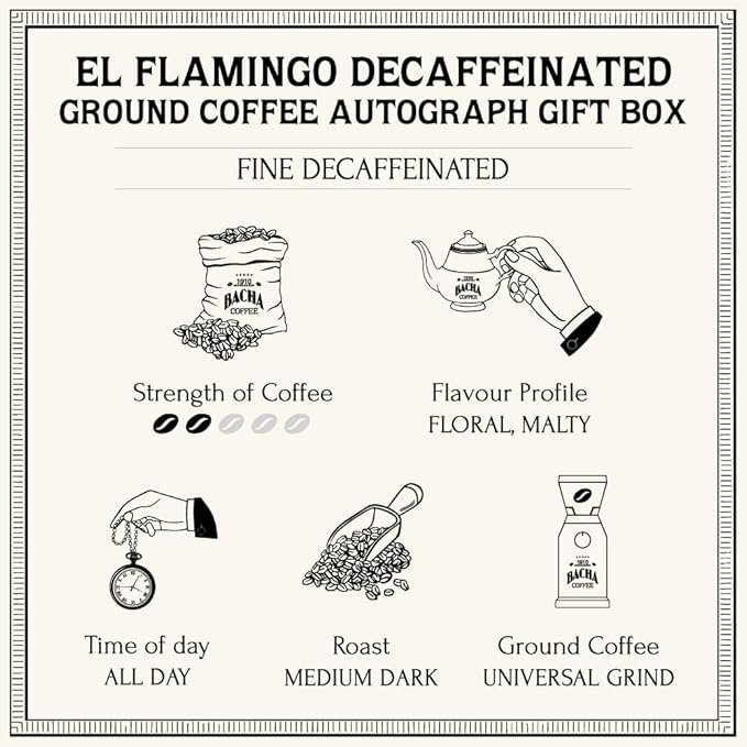 Bacha Coffee | El Flamingo Single Origin Decaffeinated Coffee, Autograph Collection, 100% Arabica Specialty Coffee, Ground Beans, Medium Dark Roast, 250g & 100% Natural Wood Fibre Paper Filters