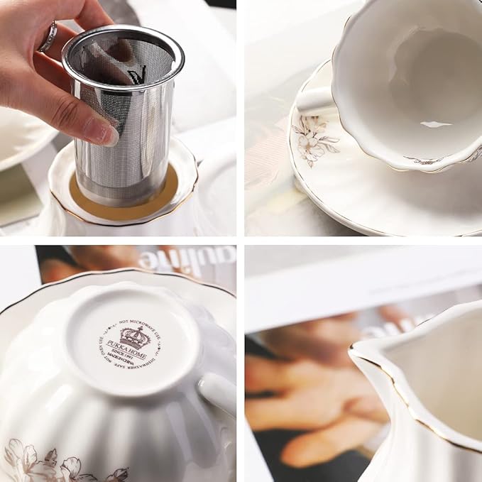 Porcelain Tea Sets British Royal Series, 8 OZ Cups & Saucer Service for 6, with Teapot Sugar Bowl Cream Pitcher Teaspoons and Tea Strainer, Suitable for High Tea, Wedding, Party（Morning glory）