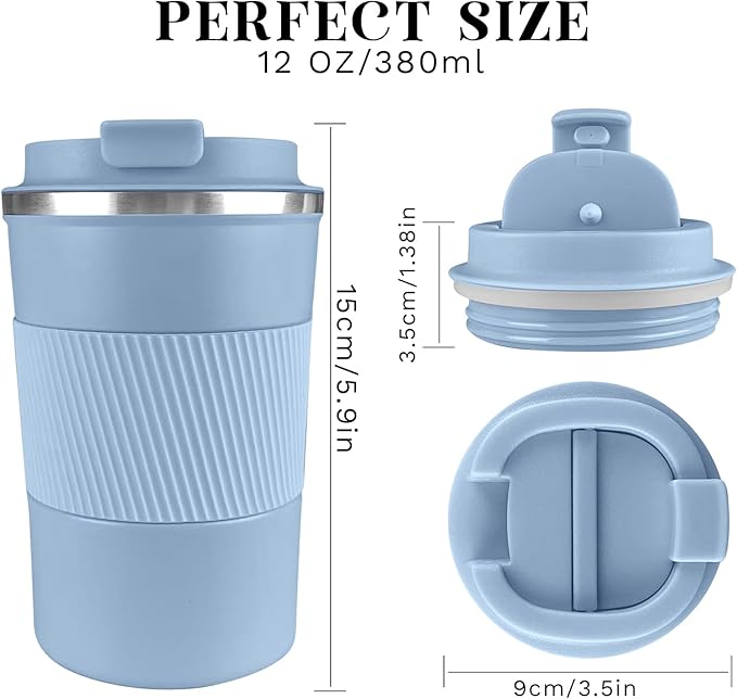 YINBAOGE Insulated Travel Coffee Mug Spill Proof Leak Proof Pobtable To Go Camping Stainless Steel Coffee Tumbler Reusable Coffee Cups with Lids Thermos for Hot and Cold Drink (Light blue, 12 OZ)