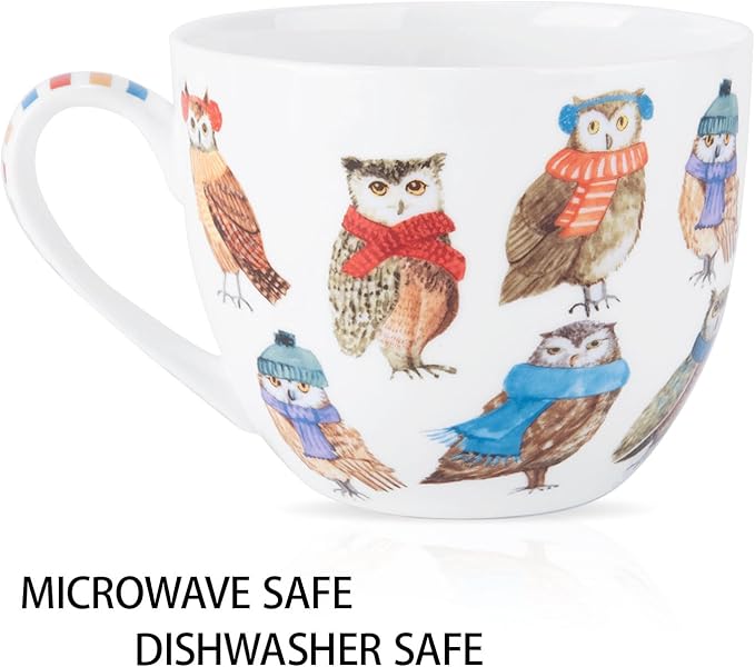 Cute Owl Coffee Mug, 20 oz Premium Bone China Mug with Charming Owls in Color Scarves and Hats—Cozy, Wise, and Perfect for Bird Enthusiasts, Designed in England by Harvest Green Studio