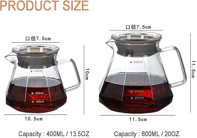 Glass Coffee Server for Drip Coffee Maker,Diamond Fashion Design Glass Coffee Carafe, Coffee Pot with Lid, Clear, 600ml(20oz)