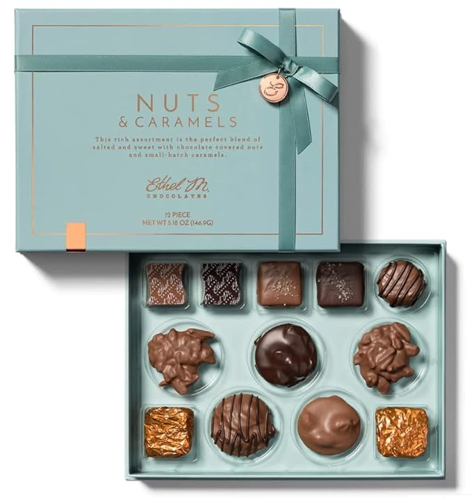 Ethel M Chocolates Premium Nuts & Caramels Collection Chocolate Gift Box, Milk & Dark Chocolate Candy Assortment, 12 Pieces of Creamy, Smooth and Rich Chocolate Gems