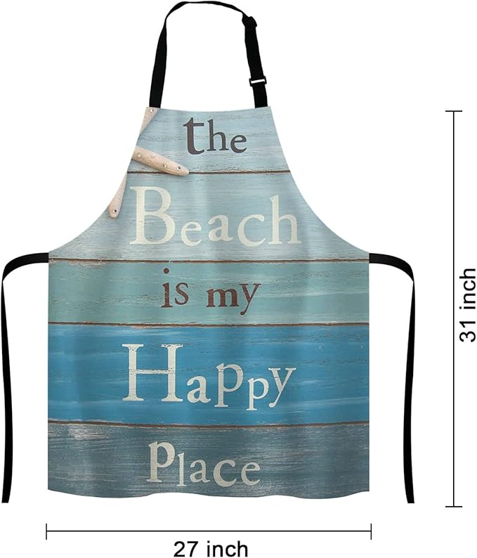 The Beach Is My Happy Place Bib Apron with Adjustable Neck for Men Women,Suitable for Home Kitchen Cooking Waitress Chef Grill Bistro Baking Apron