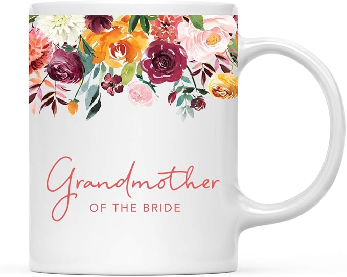 Andaz Press 11oz. Wedding Ceramic Coffee Tea Mug Gift, Fall Autumn Burgundy Orange Peach Flowers Roses Florals, Grandmother of the Bride, 1-Pack, Includes Gift Box