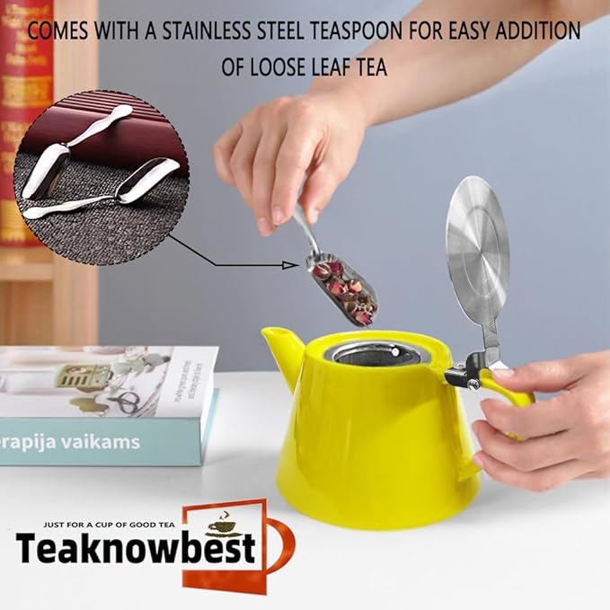 Ceramic teapot, 19oz Tea pot for loose leaf tea, Tea infuser pot with Removable 18/8 Stainless Steel Infuser and teaspoon, Suitable for 1-2 people to brew tea or coffee (yellow)