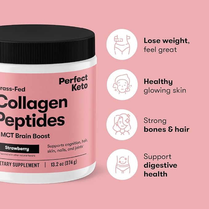 Perfect Keto Collagen Peptides Protein Powder with MCT Oil, Grass Fed, Hydrolyzed Collagen, Type I & III Supplement, Keto Coffee Creamer, Vanilla