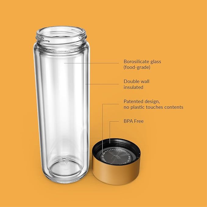 Glass Multi Tea Infuser Bottle 14oz - Double Wall Borosilicate Glass Flask | No Plastic Touches Contents | Perfect for Office or Home - Yellow