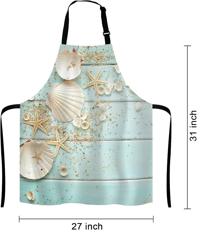 Ocean Beach Funny Apron for Women and Men, Wooden Seashell Adjustable Kitchen Chef Apron for Cooking Baking - Cute Birthday, Anniversary, Mother's Day Apron Gifts for Mom Wife Girlfriend Aunt Grandma