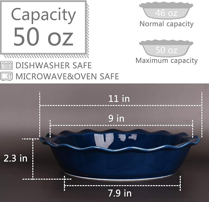 Bosmarlin Ceramic Pie Pan, 9 Inches Pie Dish, 50 oz, Pie Plate for Baking, Microwave, Oven Safe and Dishwasher safe (Deep Blue, 9 inches)