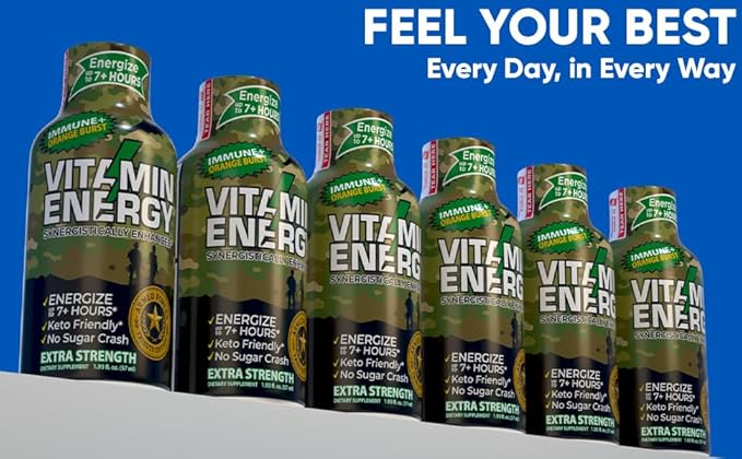 Vitamin Energy Immune+ Extra Strength Energy Shot Army Orange 24 Pack, 260mg Natural Caffeine, B-Vitamins, Citicoline, Green Tea, Immunity & Focus Support, Zero Sugar, Gluten-Free 1.93 fl oz