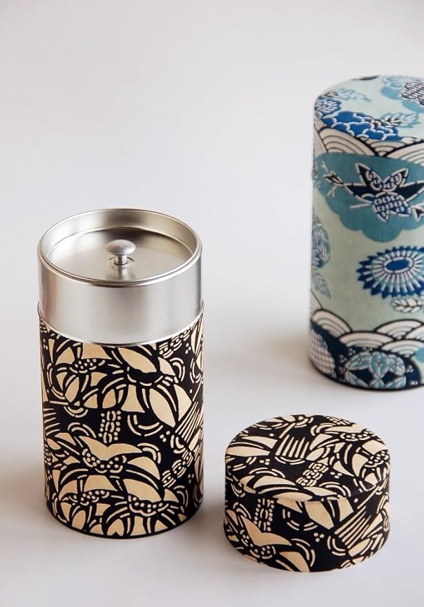 Japanese Pokkan Coffee Spice Tea Tin Canister Washi Paper Storage with Lid 7.05 oz Capacity (Kenran Ichimatsu)