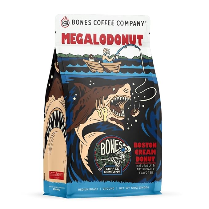 Bones Coffee Company Megalodonut, Boston Cream Donut Flavored Coffee, Medium Roast Low Acid Arabica Beans Compatible with Auto drip and French Press Coffee Maker, 12 Oz Ground