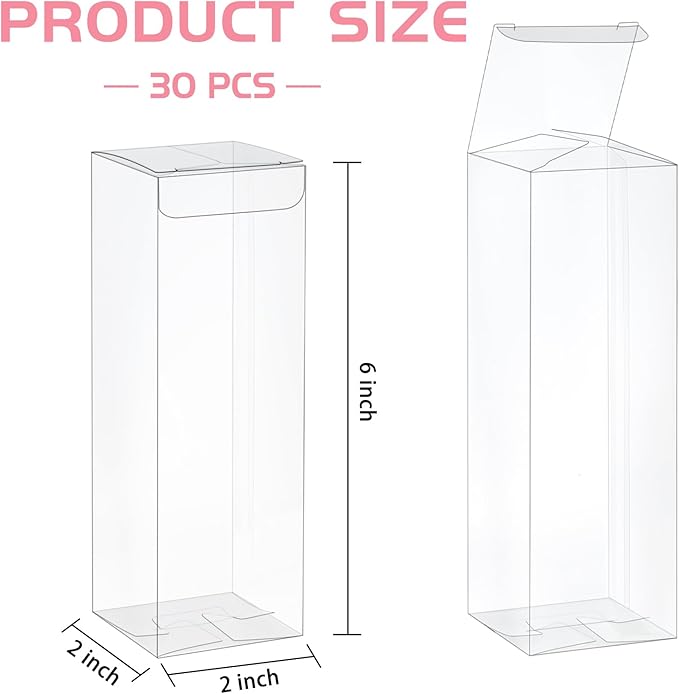 Jutieuo 30 Pack Clear Favor Boxes for Treats, 2x2x6 Inch Plastic Rectangle Gift Boxes Transparent Macaron Box for Wedding, Baby Shower, Birthday, Retail