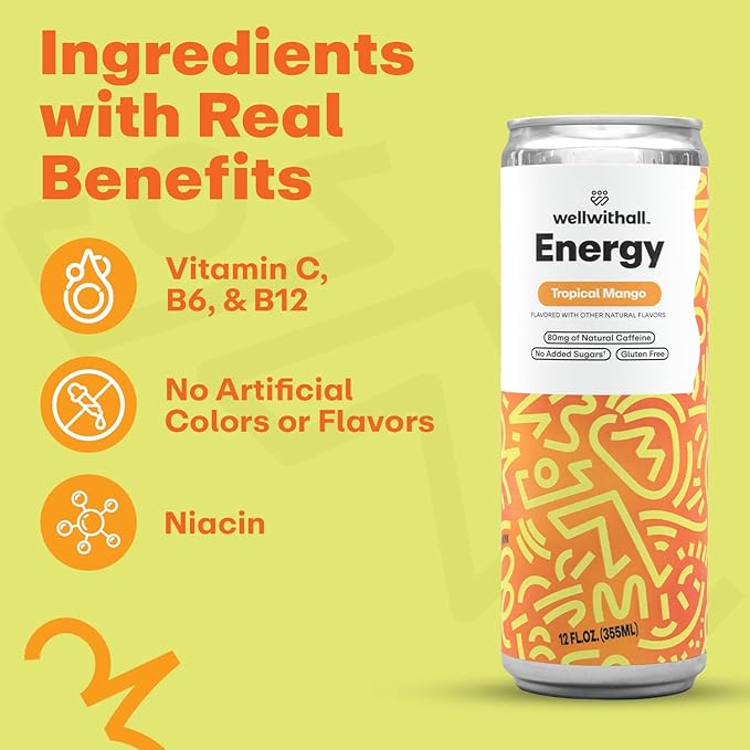 WellWithAll Tropical Mango Energy Drink – Caffeine from Tea – With Vitamin C – Lightly Sparkling Beverage – Fruit & Veggie Juice Blend – 12 Oz (Pack of 12)