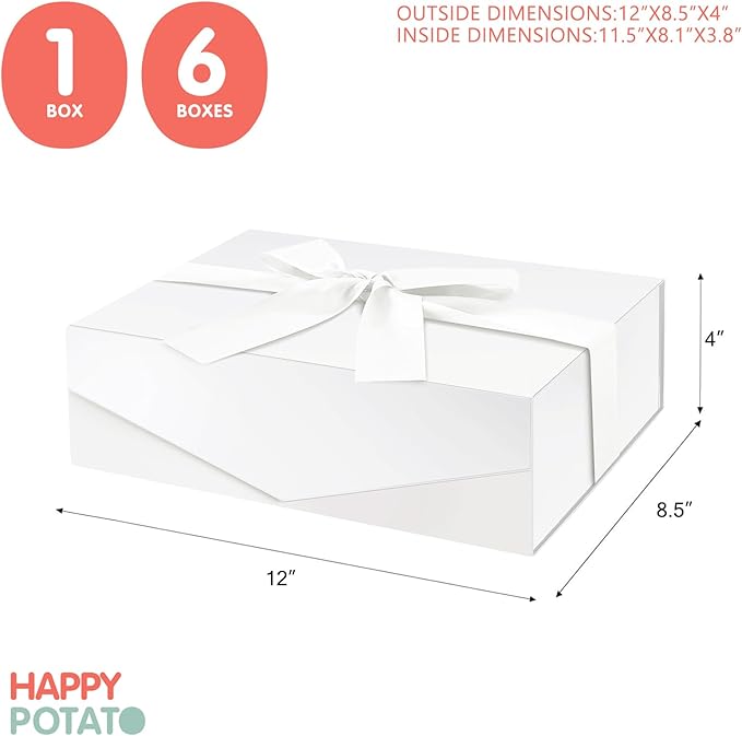 HAPPY POTATO Large White Gift Box with Ribbon 11.5x8.1x3.8 Inches, Bridesmaid Proposal Magnetic Gift Box with Lid for Presents (Glossy White)