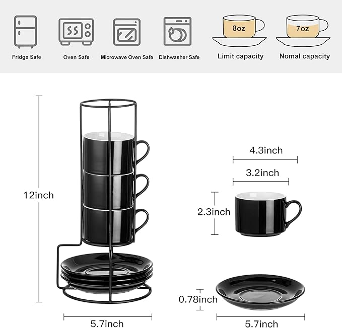 8oz Porcelain Stackable Cappuccino Cups with Saucers and Metal Stand Set of 4, Coffee Cups for Espresso, Specialty Coffee Drinks, Latte, Americano and Tea - Black