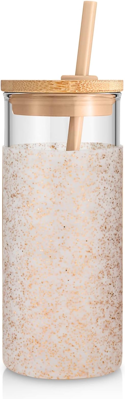 Tronco 20oz Glass Tumbler Glass Water Bottle Straw Silicone Protective Sleeve Bamboo Lid - BPA Free (Dot Bronze/ 1 Pack)