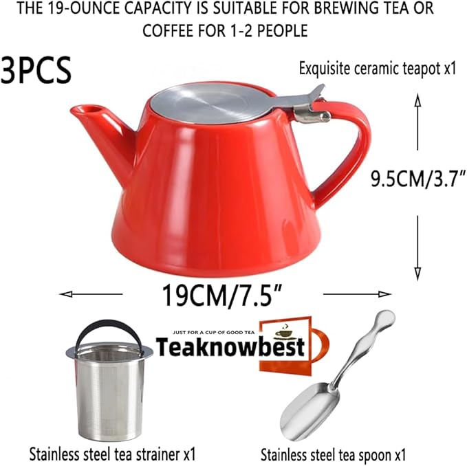 Ceramic teapot, 19oz Tea pot for loose leaf tea, Tea infuser pot with Removable 18/8 Stainless Steel Infuser and teaspoon, Suitable for 1-2 people to brew tea or coffee (pink)