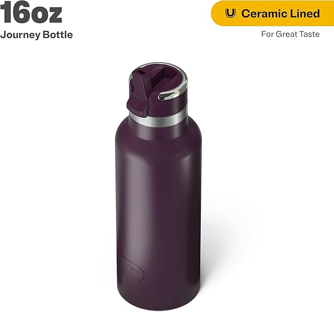 RTIC 16oz Journey Bottle Metal Stainless Steel Vacuum Insulated, BPA Free, Reusable, for Water, Hot and Cold Drinks, Travel, Sports, Camping, Plum