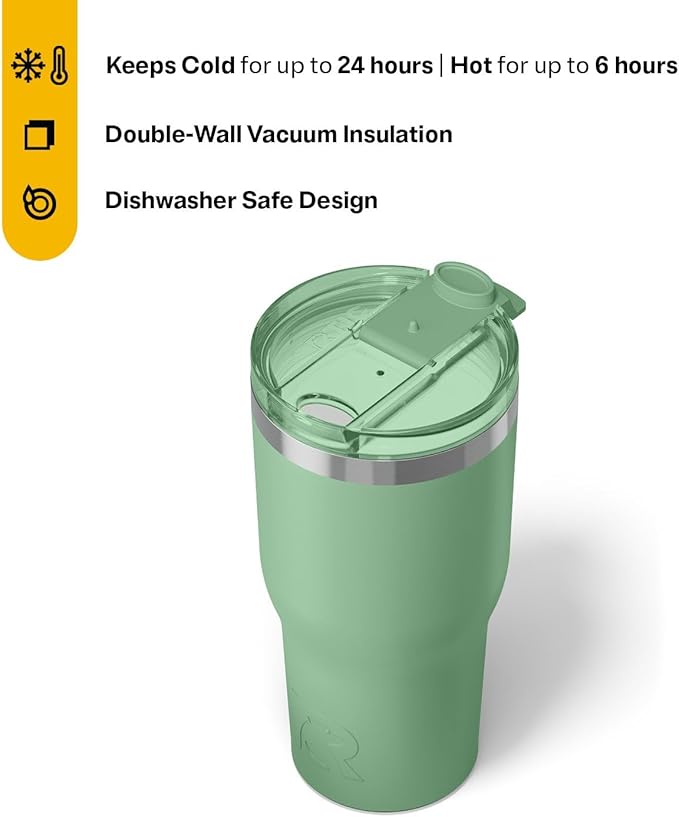 RTIC 30oz Essential Tumbler with Lid, Insulated, Stainless Steel, Metal, Double Wall Vacuum-Insulation, Ceramic Lined, Travel Cup for Iced Coffee, Tea, Hot and Cold Drink, Sage