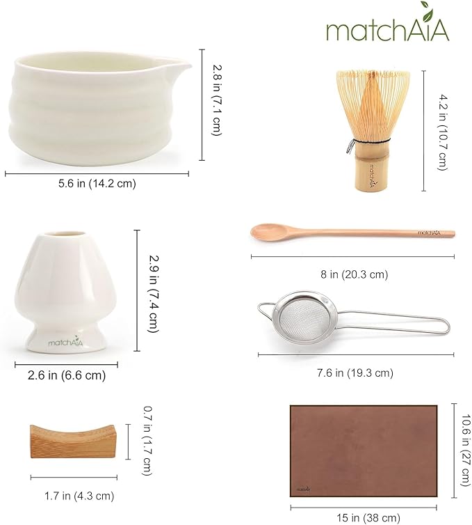 7 Pcs Matcha Set - Ceramic Bowl, Bamboo Whisk with Holder, Sifter, Schima Spoon, Spoon Rest and Tea Towel, Complete Kit for Traditional Matcha and Modern Lattes (White)