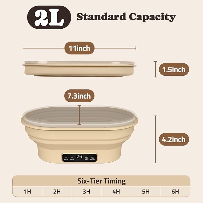 Heating Complete Sourdough Starter Kit, 2L Electric Thermostatic Silicone Oval Foldable Banneton Bread Proofing Basket with 6 Timer & Temp Settings for Dough Rising, Dishwasher Safe, Bread Making Kit