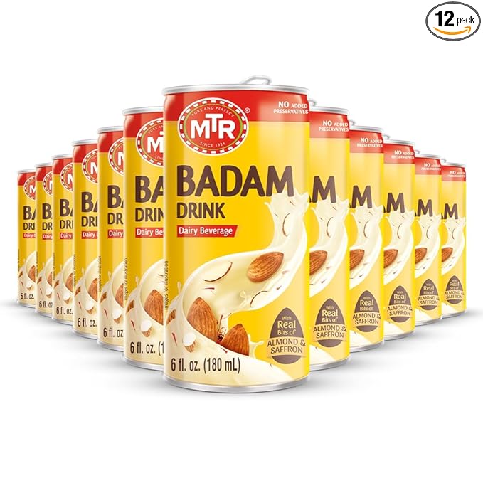 MTR Badam Drink, Ready-to-Drink - Authentic Indian Almond Milk Beverage, Real Bits of Almond & Saffron, No Added Preservatives, No Added Artificial Flavors & Colors, Gluten-Free, Refreshing Drink, Perfect for Anytime Refreshment, Pack of 12