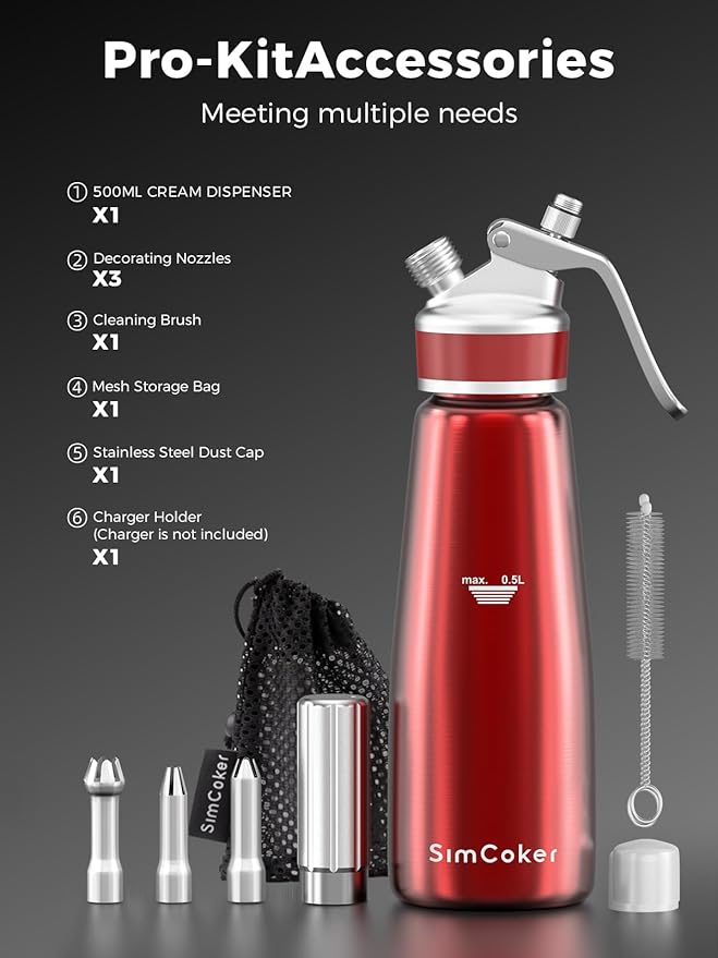 Whipped Cream Dispenser,Aluminum Cream Whipper 500mL/1 Pint,3 Decorating Nozzles,1 Brush, 1 Storage Bag,Homemade Whipped Cream Maker,Red