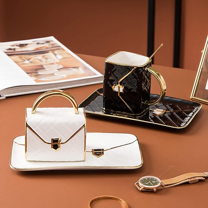YnsfreeCeramic Purse Coffee Mugs Set Tea Cup Unique Bag shaped mug and Saucer Set with Spoon and Saucer For Women Thanksgiving Christmas Gifts (Black)