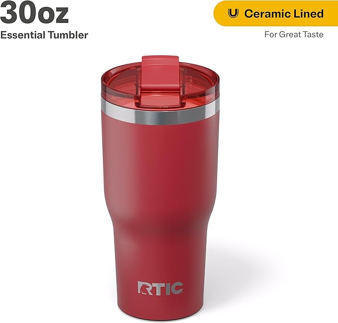 RTIC 30oz Essential Tumbler with Lid, Insulated, Stainless Steel, Metal, Double Wall Vacuum-Insulation, Ceramic Lined, Travel Cup for Iced Coffee, Tea, Hot and Cold Drink, Flag Red
