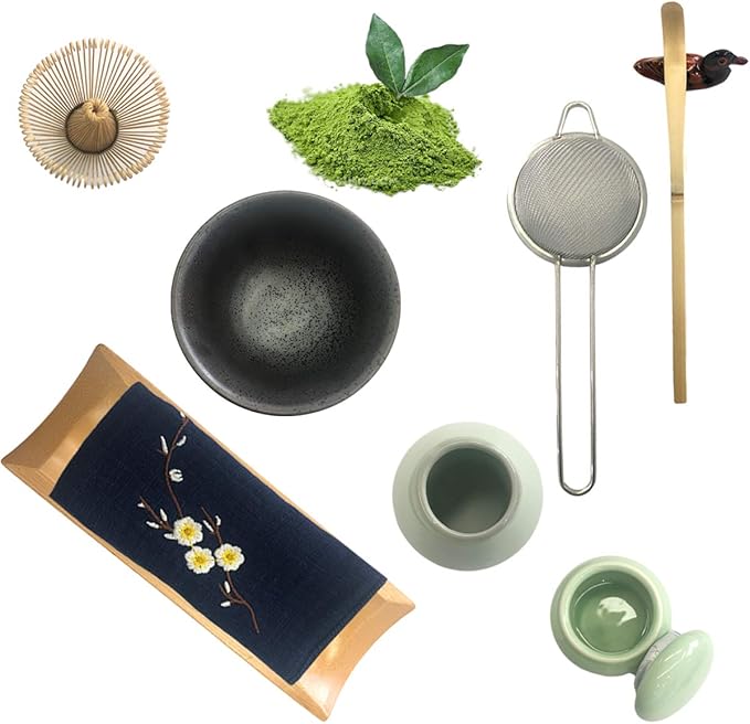 Artcome Traditional Japanese Matcha Tea Set, Matcha Whisk, Traditional Scoop, Matcha Bowl & Caddy, Ceramic Whisk Holder, Handmade Matcha Ceremony Kit (9Pcs)