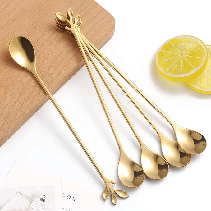 AnSaw 6-Piece Elegant Gold Leaf Long Handle Teaspoons - 7.4" Stainless Steel Stir Spoons for Coffee & Tea, Perfect for Mixing & Stirring