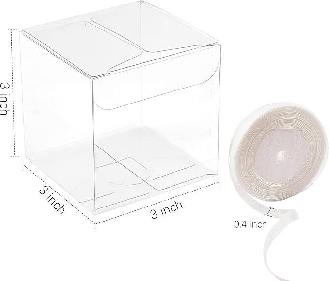 45 Pack 3x3x3 Inches Clear Favor Boxes with Ribbons, Transparent Plastic Cube Treat Boxes for Candy Goodie Gift, Small Individual Hot Cocoa Bomb Packaging Box