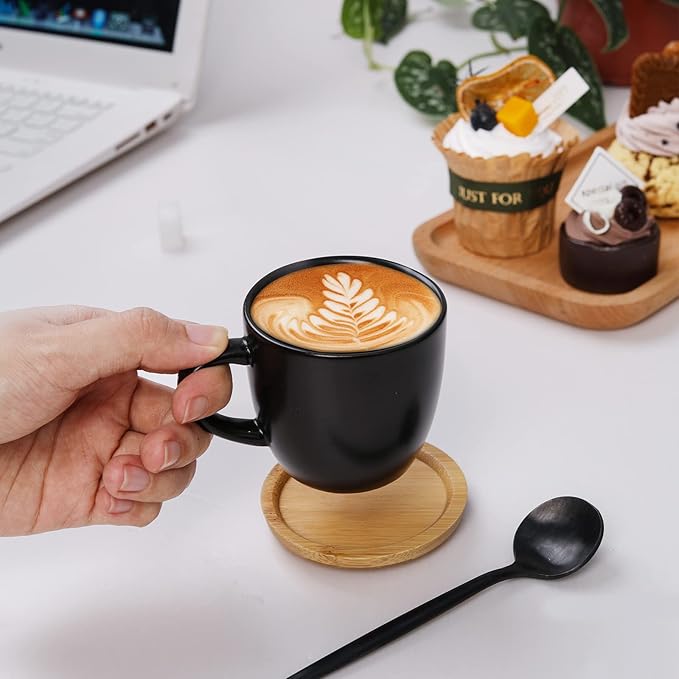 Hasense 4 OZ Espresso Cups and Saucers Set of 6, Demitasse Cups with Handle for Latte, Cappuccino, Cafe Mocha and Tea, Porcelain Coffee Cups for Coffee Bar and Party, Black