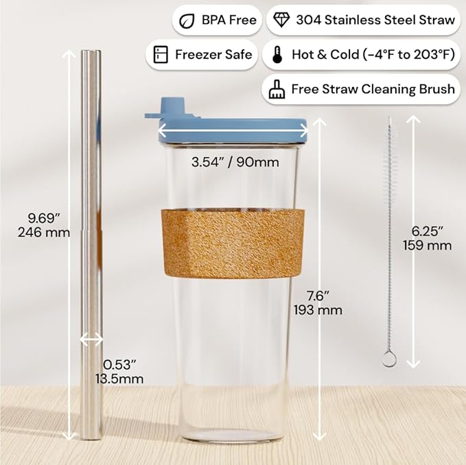 Dodoko Reusable 24 oz Bubble Tea Cup with Lid and Straw - Iced Coffee Cup - Smoothie Tumbler to Go - Breeze Blue