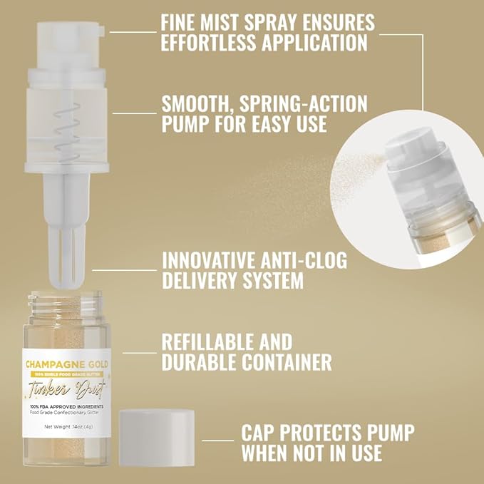 Bakell - Champagne Gold Tinker Dust Edible GLitter (4g, 1x Mini Spray Pump) for Food, Desserts, and Beverages!