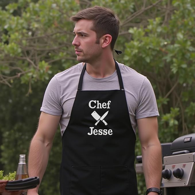 Personalized Chef Apron for Men, Custom Embroidered Design, Professional Kitchen Cooking BBQ Grilling for Dad, Decorated in USA