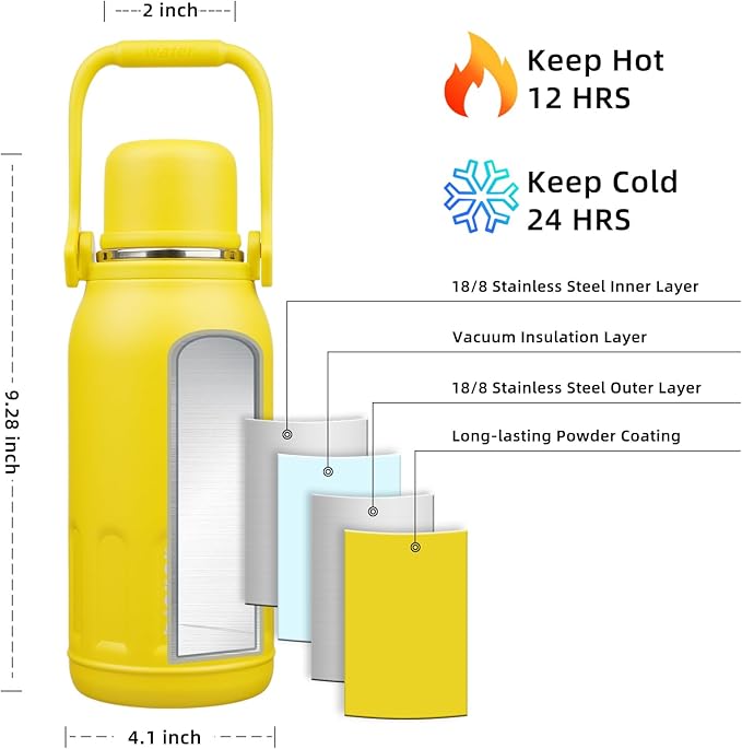 BJPKPK Insulated Thermos 40oz Disherwasher Safe Water Bottle with Handle and Lid Stainless Steel Water Bottles For Cold and Hot Beverages,Yellow