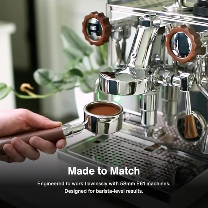Crema Coffee Products 58mm Bottomless Naked Portafilter | Compatible with 58mm for E61 | Includes Double Shot Filter Basket | Olivewood