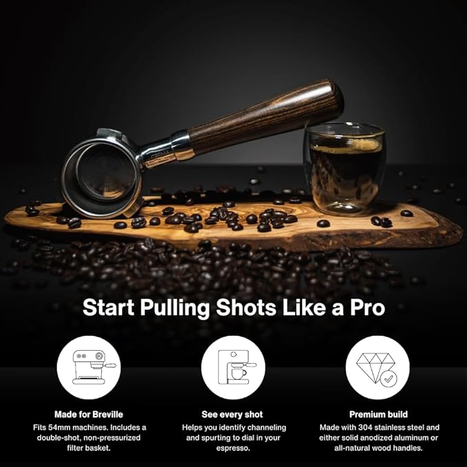 Crema Coffee Products 54mm Bottomless Naked Portafilter | Compatible with 54mm Breville Machines | Includes Double Shot Filter Basket | Matte Black