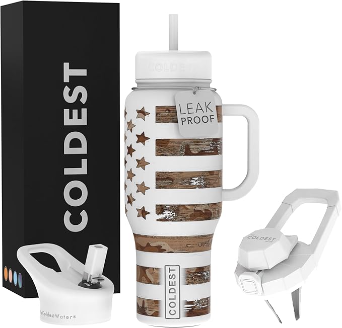 Coldest 40 oz Tumbler with Handle and Straw - 100% Leak Proof Insulated Tumbler with Lid and Straw (3 Lids) - Stainless Steel Tumblers for Women & Men - Cup Holder Friendly Base, 36 oz (The Patriot)