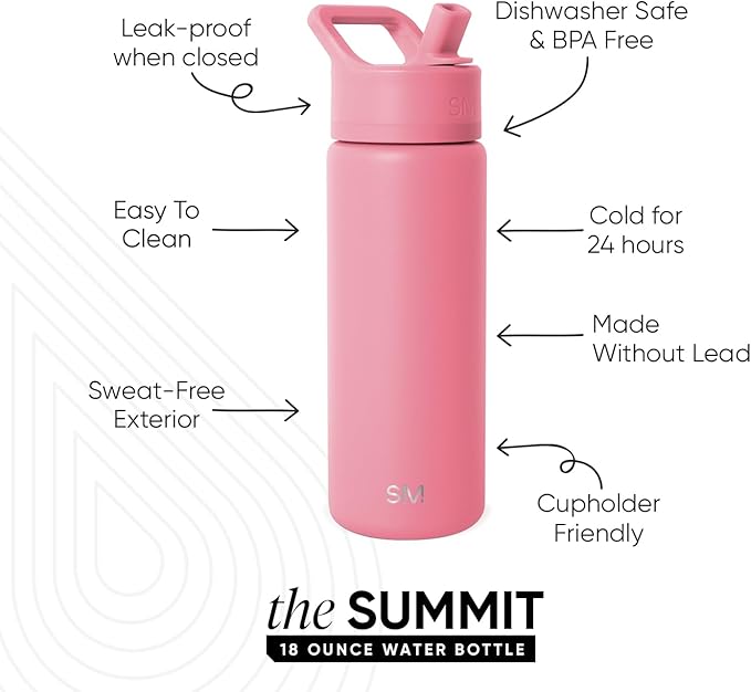 Simple Modern Kids Water Bottle with Straw Lid | Vacuum Insulated Stainless Steel Metal | Reusable Leak Proof BPA-Free Thermos for School | Summit Collection | 18oz, Velvet Pink