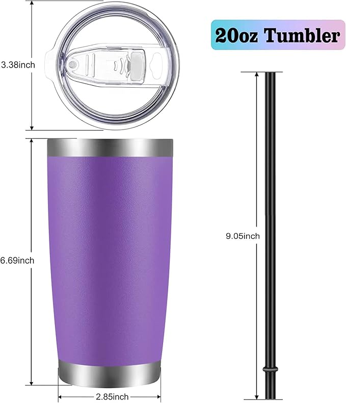 VEGOND 20oz Tumbler with Lid and Straw Stainless Steel Tumbler Cup Bulk Vacuum Insulated Double Wall Travel Coffee Mug Powder Coated Coffee Cup(Purple 6 Pack)