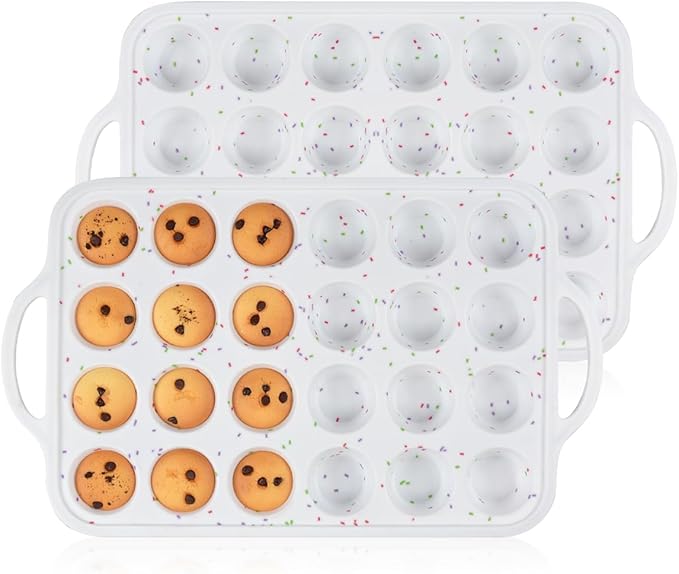 Mini Muffin Pan, Metal Reinforced Frame Mini Cupcake Pans 24 Cups Nonstick Muffin Silicone Molds with Handle for Baking Muffins, Cupcakes, Egg Bites 2 Pack